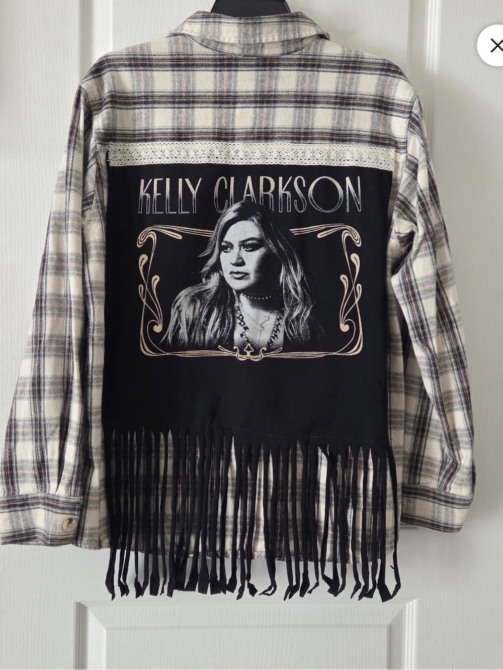 “Ode to Kelly” 1 of 1 Up cycled Kelly Clarkson Mystree Plaid Fringe Patch Jacket